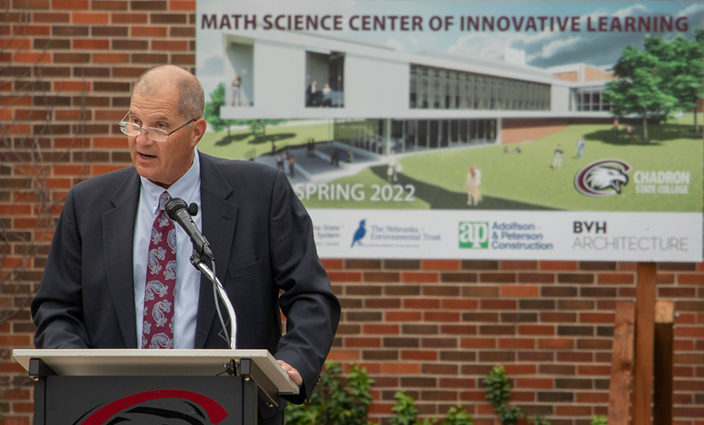 President Rhine speaking at Math Science ribbon cutting. 